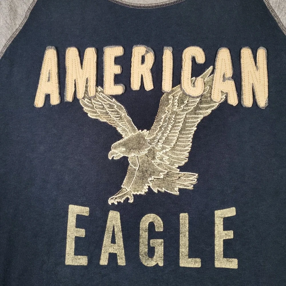 American Eagle Y2K Shirt Mens XL Blue Gray Embroidered Logo Vtg Raglan Grunge - Picture 3 of 8